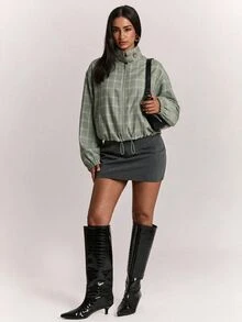 SHEIN BAE Plaid Print Drop Shoulder Drawstring Hem Jacket Everyday Travel Sage Green Autumn Casual Retro - Mint Green - View 3