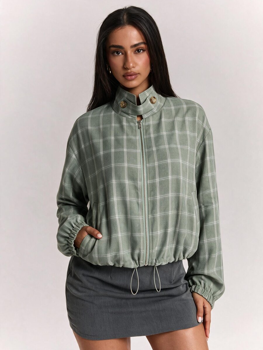SHEIN BAE Plaid Print Drop Shoulder Drawstring Hem Jacket Everyday Travel Sage Green Autumn Casual Retro - Mint Green - View 1