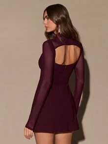 SHEIN BAE Gaun Leher Tinggi dengan Sisipan Jala Transparan dan Bagian Belakang Terbuka - Burgundy - View 2