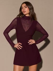 SHEIN BAE Gaun Leher Tinggi dengan Sisipan Jala Transparan dan Bagian Belakang Terbuka - Burgundy - View 3