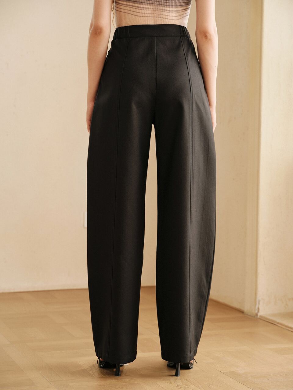 Anewsta Fashionable Black Commuter Versatile Casual Elastic Waist Modern Design Wide Pleated Asymmetrical Hem Pocket Women's Long Pants