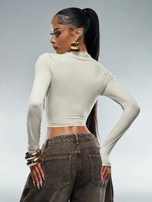 Denimoi Bodycon Fit Long Sleeve Wrap Fashion Tops Layering Easy Wear GNO Officewear Dinner Tops Fall - Beige - View 5