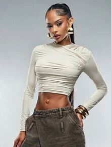 Denimoi Bodycon Fit Long Sleeve Wrap Fashion Tops Layering Easy Wear GNO Officewear Dinner Tops Fall - Beige - View 2