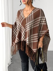 Velvienne Plus Size Plaid Fringe Knit Poncho Sweater - Multicolor - View 8