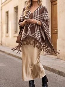 Velvienne Plus Size Plaid Fringe Knit Poncho Sweater - Multicolor - View 1