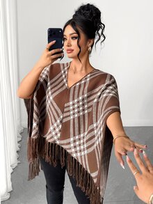 Velvienne Plus Size Plaid Fringe Knit Poncho Sweater - Multicolor - View 6