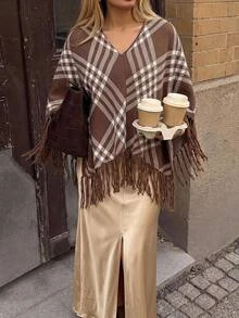 Velvienne Plus Size Plaid Fringe Knit Poncho Sweater - Multicolor - View 3