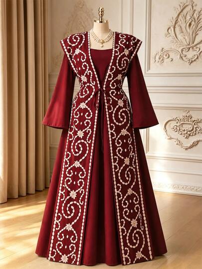Rometta Plus Size Women's Elegant Commute Casual Dinner Formal Shopping Party Wedding Burgundy Woven Digital Print A-Line Long Sleeve Dress Autumn