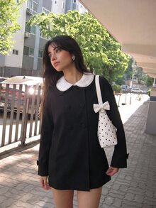 Sweetina Women's Square Neck Double-Breasted Bow Cape Coat Jacket - Black - View 6