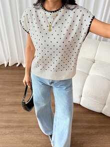 SHEIN PETITE Women's Apricot Polka-Dot Sweater – Casual Workwear For Petites - Black and White - View 5