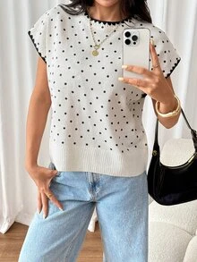 SHEIN PETITE Women's Apricot Polka-Dot Sweater – Casual Workwear For Petites - Black and White - View 1