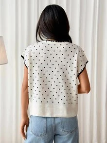 SHEIN PETITE Women's Apricot Polka-Dot Sweater – Casual Workwear For Petites - Black and White - View 2
