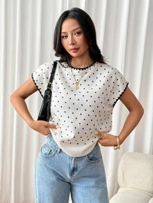 SHEIN PETITE Women's Apricot Polka-Dot Sweater – Casual Workwear For Petites - Black and White - View 6