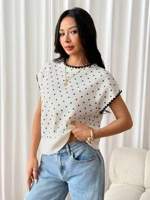SHEIN PETITE Women's Apricot Polka-Dot Sweater – Casual Workwear For Petites - Black and White - View 4