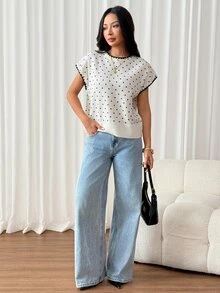 SHEIN PETITE Women's Apricot Polka-Dot Sweater – Casual Workwear For Petites - Black and White - View 3