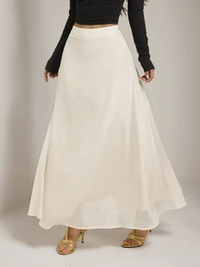 SHEIN PETITE Women's Elegant Modest Commute Party Beach Solid Color Long Skirt Summer/Fall,Travel Outfit For Women,Suitable For Outings,Party,Petite - Apricot - View 7