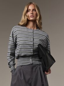 COSMINA Women's Knitted Top Round Neck Long Sleeve Grey Multi-Color Striped Waist-Cinching Casual Daily Versatile Autumn/Winter Sweater - Multicolor - View 3