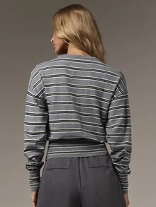 COSMINA Women's Knitted Top Round Neck Long Sleeve Grey Multi-Color Striped Waist-Cinching Casual Daily Versatile Autumn/Winter Sweater - Multicolor - View 2