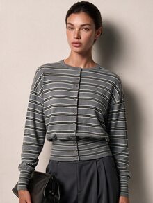COSMINA Women's Knitted Top Round Neck Long Sleeve Grey Multi-Color Striped Waist-Cinching Casual Daily Versatile Autumn/Winter Sweater - Multicolor - View 5