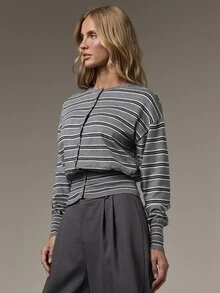 COSMINA Women's Knitted Top Round Neck Long Sleeve Grey Multi-Color Striped Waist-Cinching Casual Daily Versatile Autumn/Winter Sweater - Multicolor - View 6