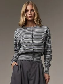 COSMINA Women's Knitted Top Round Neck Long Sleeve Grey Multi-Color Striped Waist-Cinching Casual Daily Versatile Autumn/Winter Sweater - Multicolor - View 1