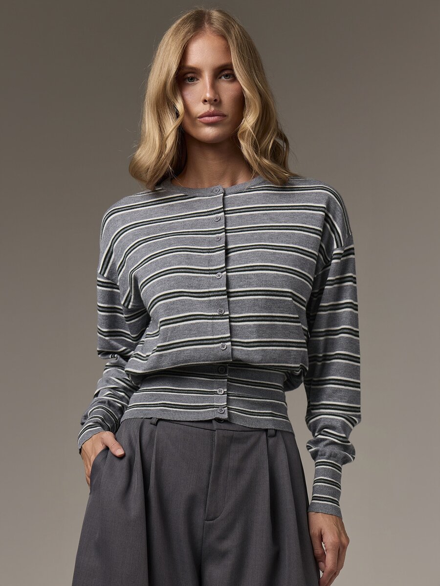 COSMINA Women's Knitted Top Round Neck Long Sleeve Grey Multi-Color Striped Waist-Cinching Casual Daily Versatile Autumn/Winter Sweater - Multicolor - View 1