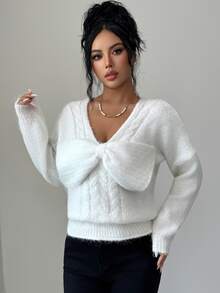 Elenzga Sweater Rajut Lengan Panjang Wanita Model Terbaru Musim Gugur, Kerah V, Potongan Pas Badan, Hiasan Pita, Cocok untuk Kencan Manis, Hari Valentine, Serbaguna, untuk Perjalanan Sehari-hari, Motif Tali - Putih - View 4