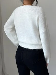 Elenzga Sweater Rajut Lengan Panjang Wanita Model Terbaru Musim Gugur, Kerah V, Potongan Pas Badan, Hiasan Pita, Cocok untuk Kencan Manis, Hari Valentine, Serbaguna, untuk Perjalanan Sehari-hari, Motif Tali - Putih - View 2