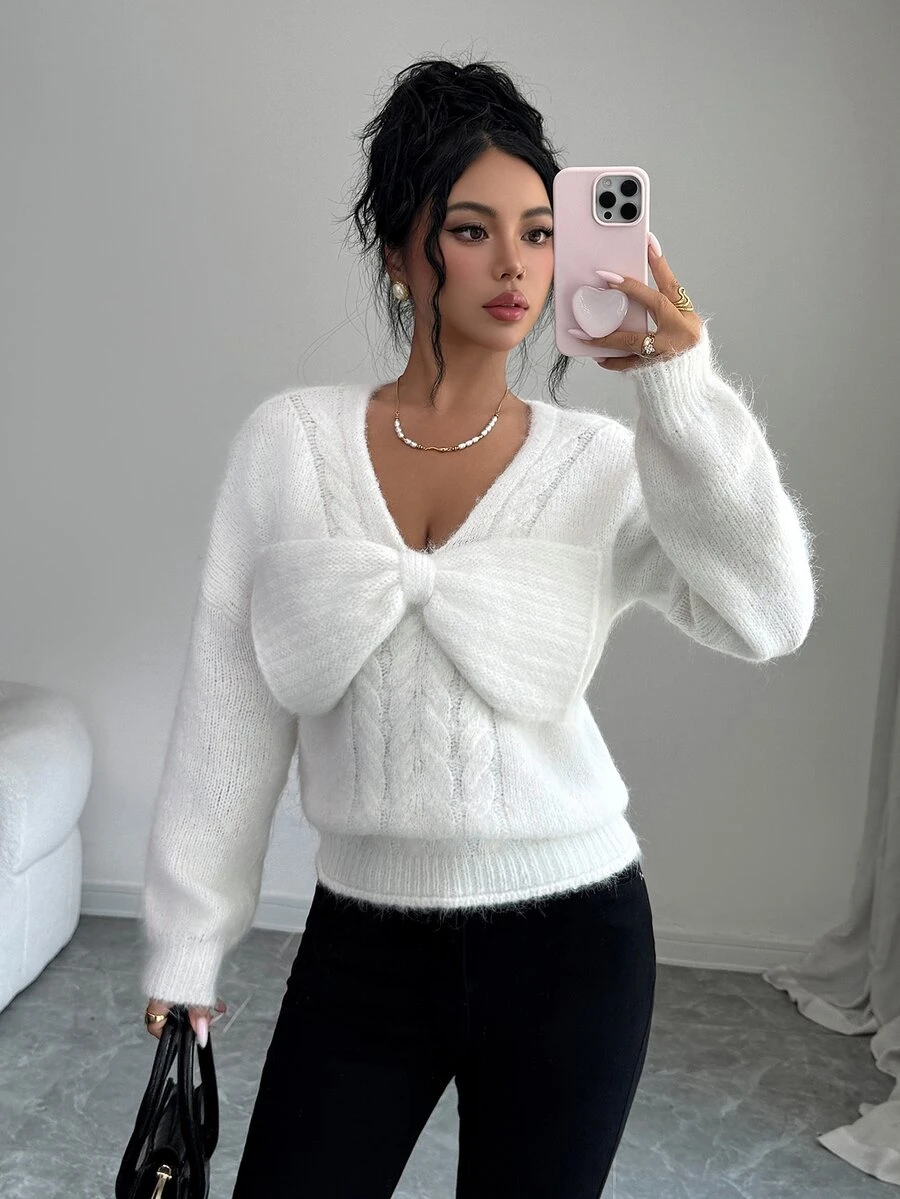 Elenzga Sweater Rajut Lengan Panjang Wanita Model Terbaru Musim Gugur, Kerah V, Potongan Pas Badan, Hiasan Pita, Cocok untuk Kencan Manis, Hari Valentine, Serbaguna, untuk Perjalanan Sehari-hari, Motif Tali - Putih - View 1