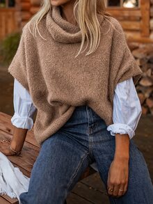 EMERY ROSE Women's Solid Color High Neck Batwing Short Sleeve Casual Elegant Knit Top Office Everyday Going Out Brunch Camel Summer - Khaki - View 1