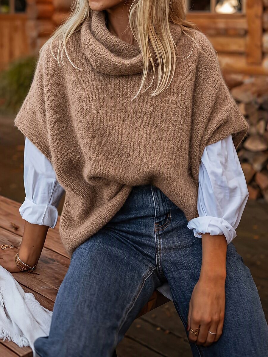EMERY ROSE Women's Solid Color High Neck Batwing Short Sleeve Casual Elegant Knit Top Office Everyday Going Out Brunch Camel Summer - Khaki - View 1