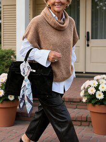 EMERY ROSE Women's Solid Color High Neck Batwing Short Sleeve Casual Elegant Knit Top Office Everyday Going Out Brunch Camel Summer - Khaki - View 3