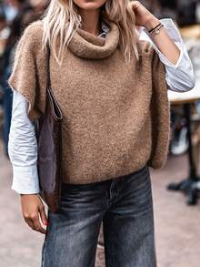 EMERY ROSE Women's Solid Color High Neck Batwing Short Sleeve Casual Elegant Knit Top Office Everyday Going Out Brunch Camel Summer - Khaki - View 4