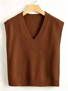 SHEIN Franclia Women's Summer Solid Color V-Neck Casual Preppy All-Match Versatile Knit Vest School Shades Of Brown - Maroon - View 4
