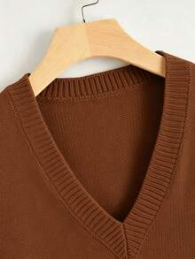 SHEIN Franclia Women's Summer Solid Color V-Neck Casual Preppy All-Match Versatile Knit Vest School Shades Of Brown - Maroon - View 5