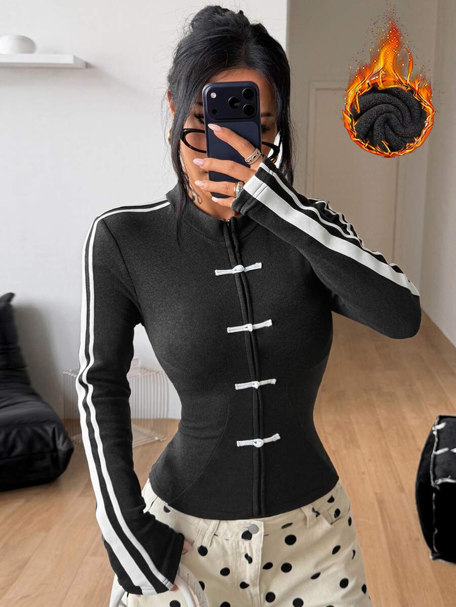 Coolane Women's Fall/Winter Streetwear Sporty Chinese-Inspired Toggle Front Zip-Up Slim Fit Black Racing Stripe Polyester Sweatshirt Jacket