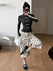 Coolane Women's Fall/Winter Streetwear Sporty Chinese-Inspired Toggle Front Zip-Up Slim Fit Black Racing Stripe Polyester Sweatshirt Jacket - Black - View 4