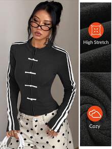 Coolane Women's Fall/Winter Streetwear Sporty Chinese-Inspired Toggle Front Zip-Up Slim Fit Black Racing Stripe Polyester Sweatshirt Jacket - Black - View 3