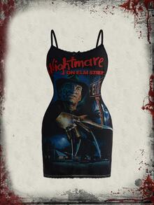 A Nightmare on Elm Street X ROMWE IP Co-Branded Horror Movie Print Mesh Spaghetti Strap Plus Size Dress - Black - View 13