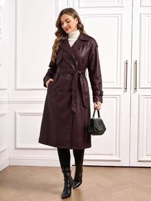 SHEIN Clasi Angola Red PU Leather Long Trench Coat - Burgundy - View 4