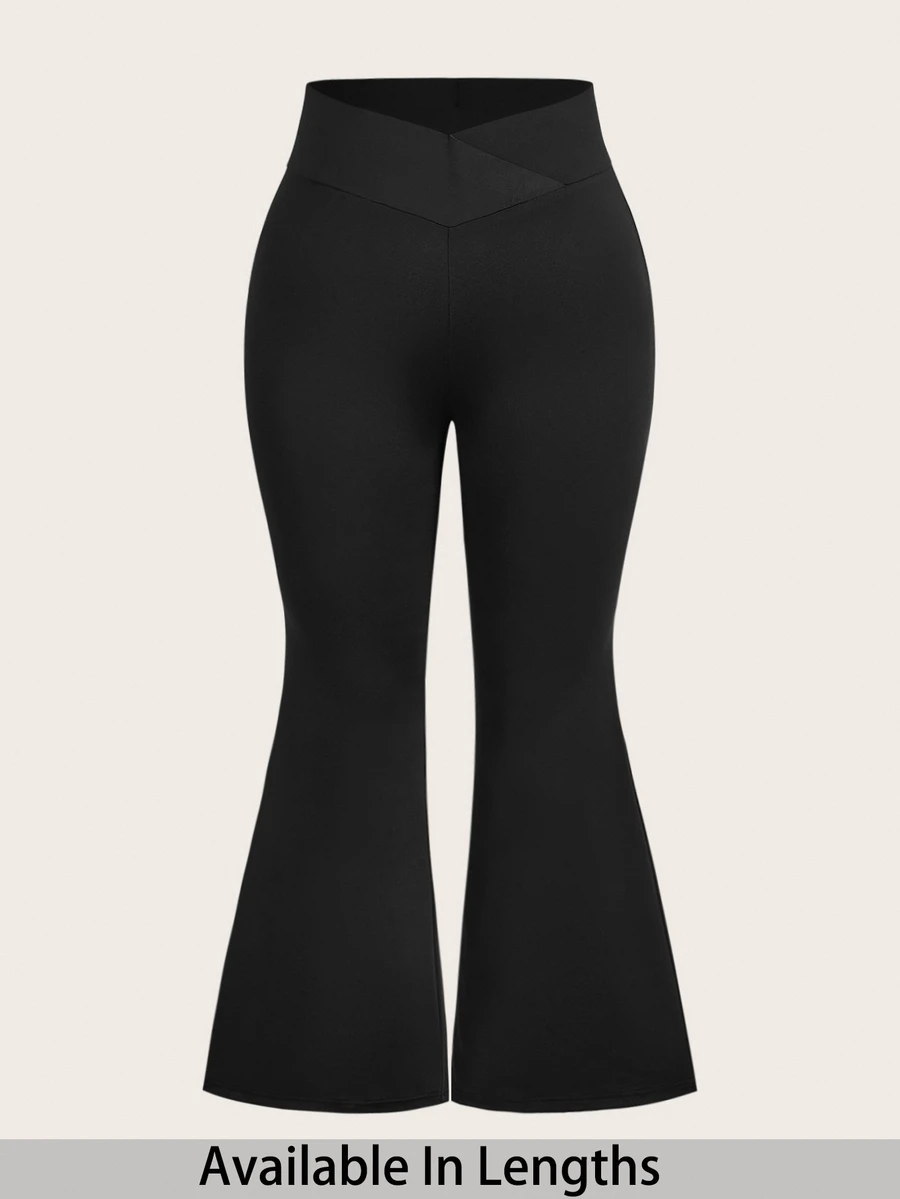 SHEIN PETITE CURVE Plus Size Solid Color Minimalist Criss-Cross Waist Flared Leggings - Black - View 1