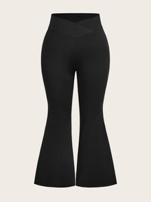 SHEIN PETITE CURVE Plus Size Solid Color Minimalist Criss-Cross Waist Flared Leggings - Black - View 3
