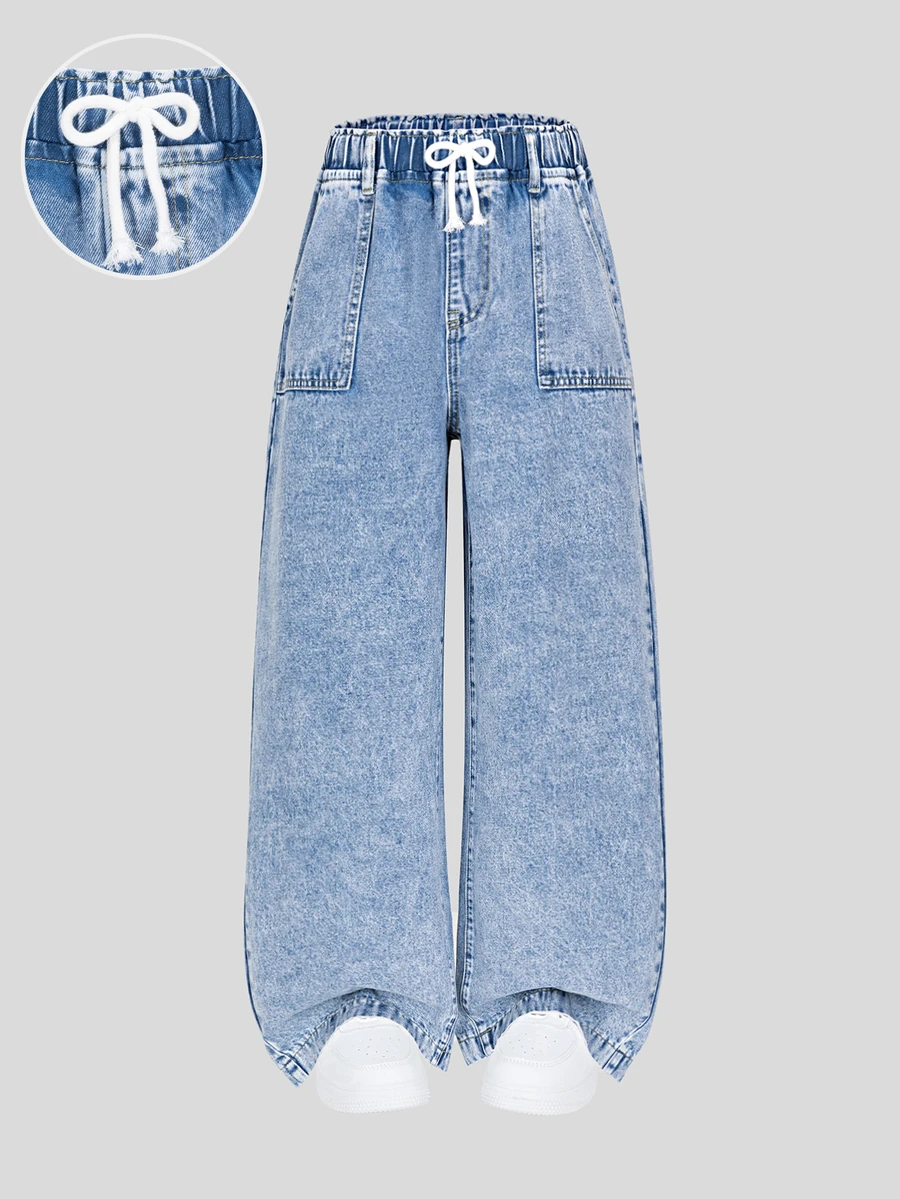 Celana Jeans Denim Biru Muda Kasual Nyaman untuk Remaja Perempuan, Dilengkapi Hiasan Pita, Tali Serut di Pinggang, Saku, dan Potongan Lebar, Cocok untuk Sekolah, Kampus, dan Perguruan Tinggi, Musim Gugur dan Musim Dingin. - Medium Wash - View 1