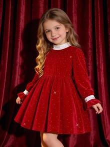 Glamorique Kids Long Sleeve Girl's Velvet Rhinestone Embellished Red Elegant Fairy Princess Dress Party 3rd Birthday 4th Birthday Autumn Winter Spring School - Red - View 1