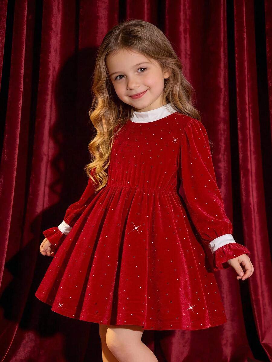 Glamorique Kids Long Sleeve Girl's Velvet Rhinestone Embellished Red Elegant Fairy Princess Dress Party 3rd Birthday 4th Birthday Autumn Winter Spring School - Red - View 1