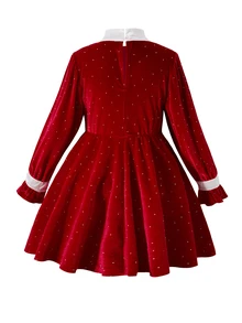 Glamorique Kids Long Sleeve Girl's Velvet Rhinestone Embellished Red Elegant Fairy Princess Dress Party 3rd Birthday 4th Birthday Autumn Winter Spring School - Red - View 4