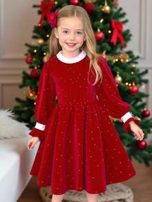 Glamorique Kids Long Sleeve Girl's Velvet Rhinestone Embellished Red Elegant Fairy Princess Dress Party 3rd Birthday 4th Birthday Autumn Winter Spring School - Red - View 3