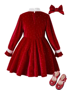 Glamorique Kids Long Sleeve Girl's Velvet Rhinestone Embellished Red Elegant Fairy Princess Dress Party 3rd Birthday 4th Birthday Autumn Winter Spring School - Red - View 2