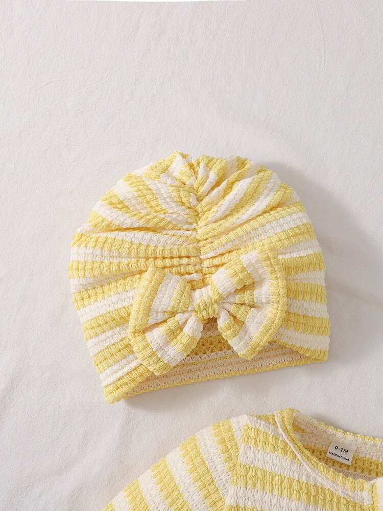 SHEIN 2Pcs Newborn Baby Girl Footed Romper Hat Cute Sweet Yellow Striped Ruffle Waffle Knit Long Sleeve Round Neck Regular Birthday Party Fall Holiday Gifts - Yellow - View 6
