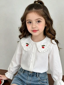 SHEIN Elladie kids 女童白色長袖襯衫，櫻桃刺繡蕾絲領，秋冬服飾，優雅甜美學院風穿搭 - 白色 - 查看 2